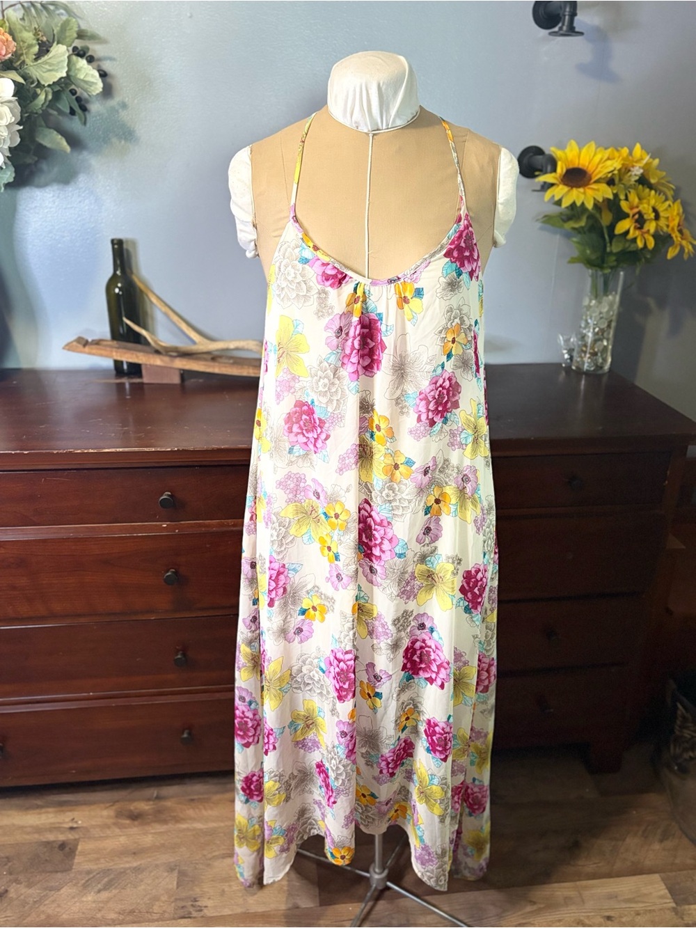 lovestitch Cream Maxi Dress with Pink, Yellow & Teal Floral Trim